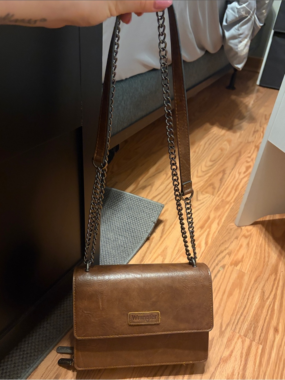 Wrangler Brown Leather Crossbody with Chain Strap and Flap